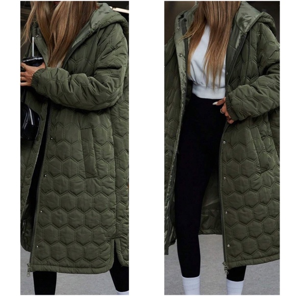 Luxe Olive Honeycomb Quilted Hoodie Pocket Jacket Coat